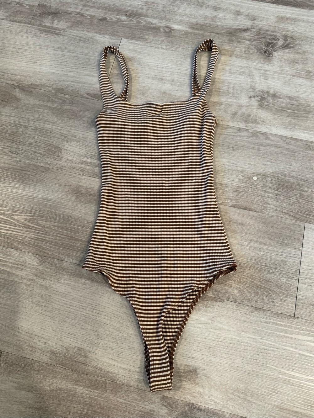 Reformation Brown & White Striped Bodysuit Size Medium